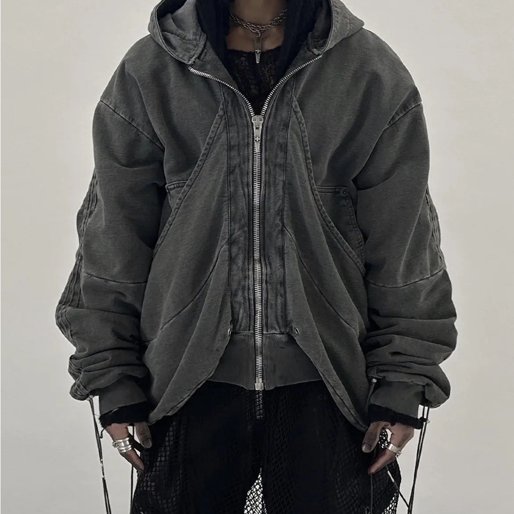 SHINE LUXURY “GOLUCIDA" LAYERED JUMBO ZIPPER DISTRESSED CARGO HOODIE - THRASHED